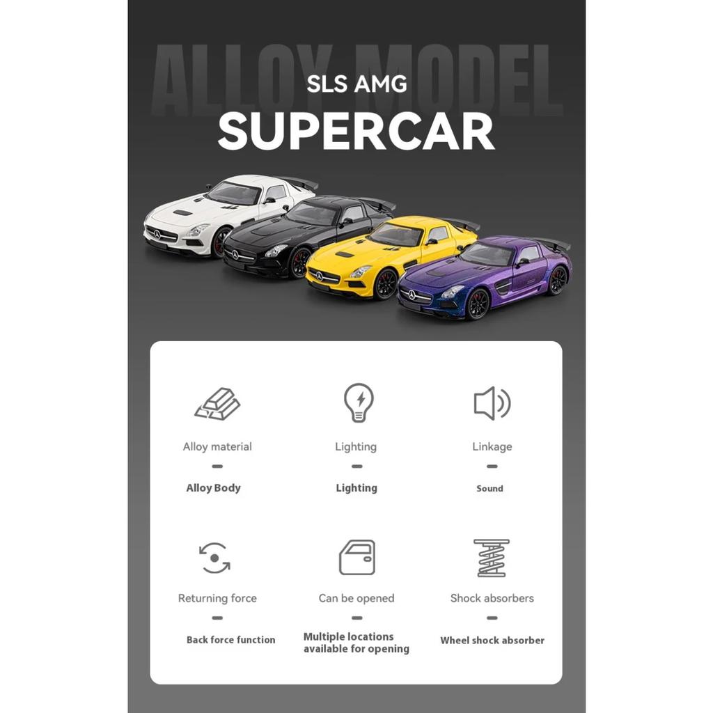 1/24 Alloy BENZ SLS Model Toys, Cool Sound and Light, Exquisite Desktop Ornaments, The Best Collection for Car Model Enthusiasts