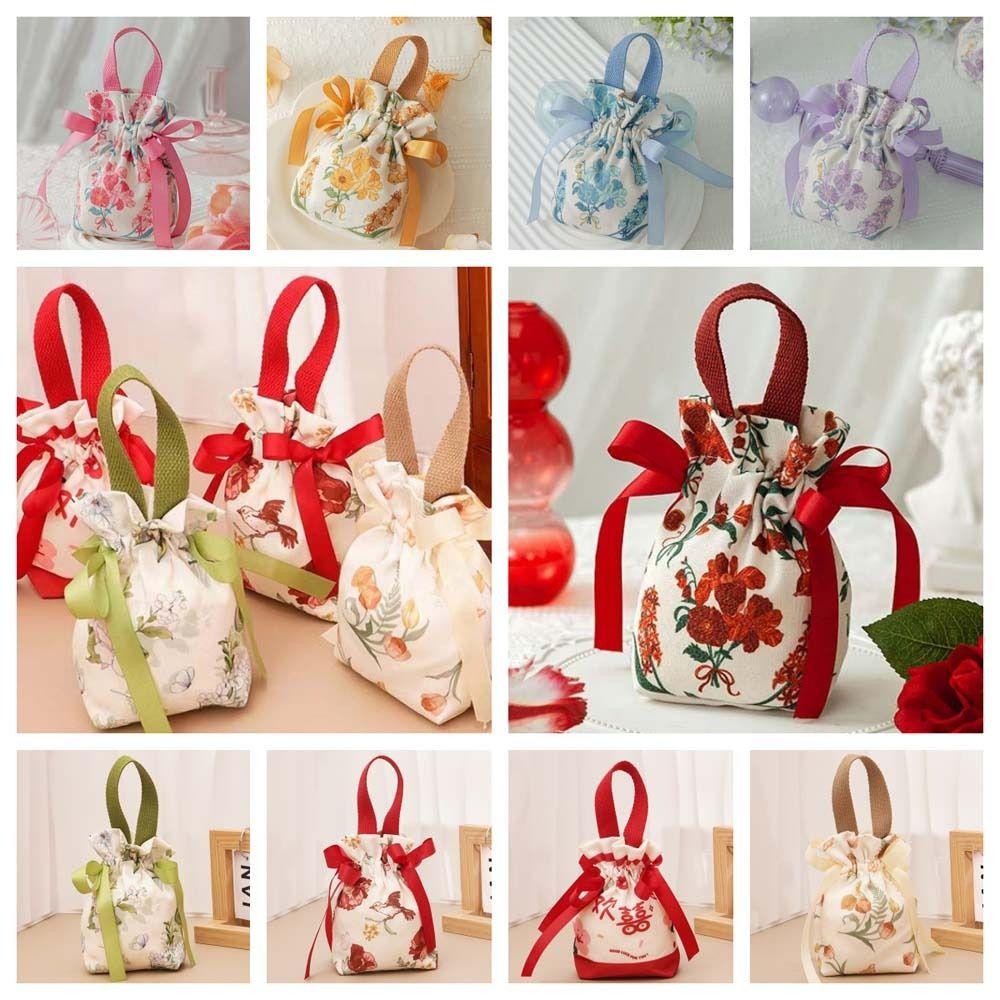 Large Capacity Small Flower Wrist Bag Floral Festive Sugar Bag Canvas Drawstring Bag Outdoor