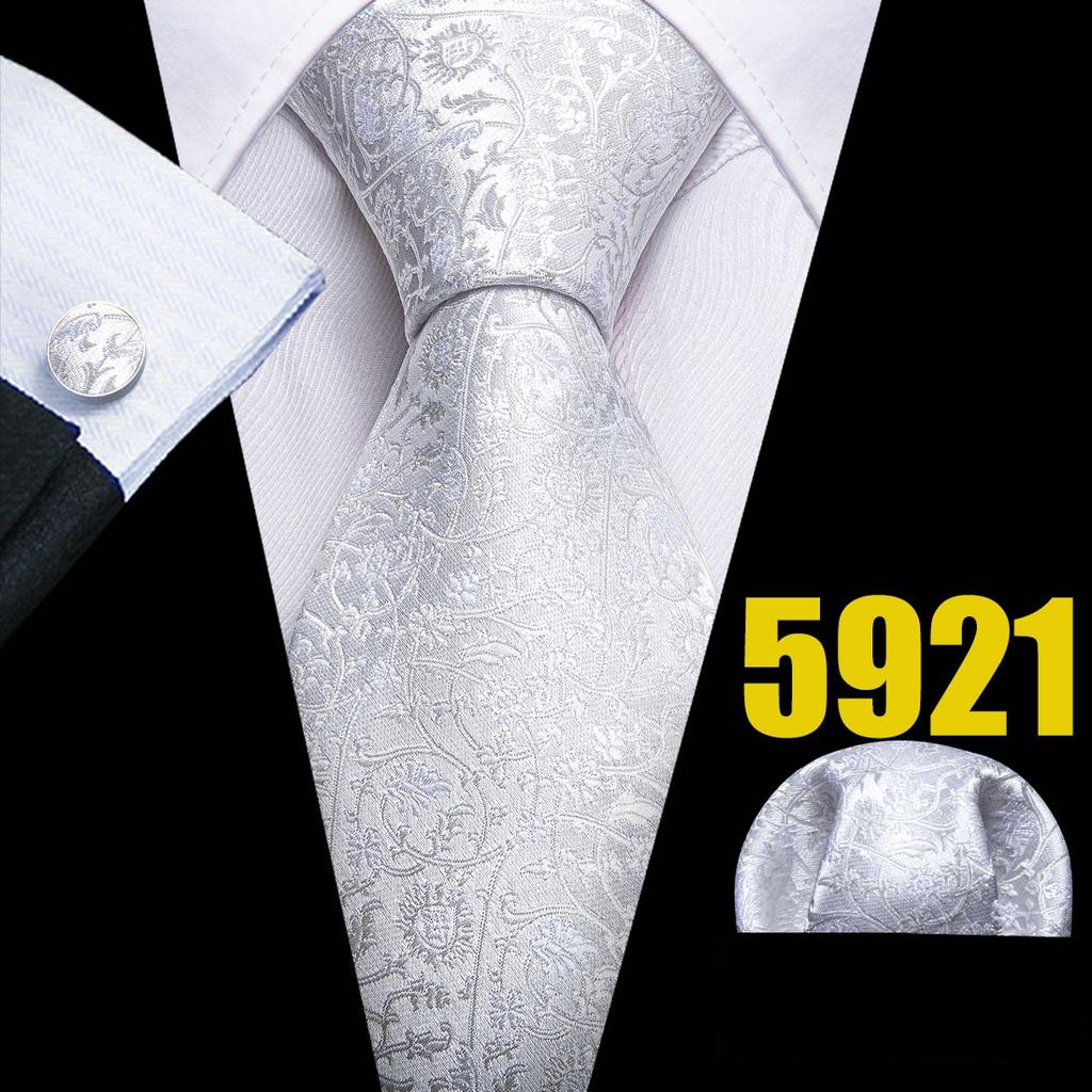 Barry.Wang Męskie beżowe białe krawaty w paski/paisley/kwiatowe krawaty i zestaw spinek do mankietów poszetki