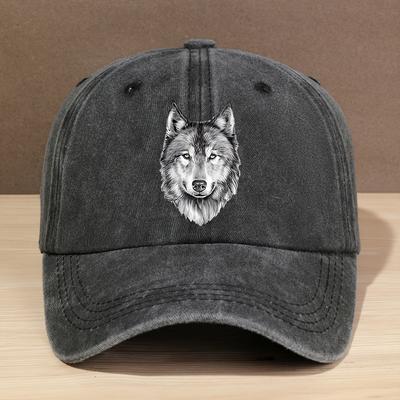 Mens and Womens Fashion Letter Wolf Head Print Washed Baseball Cap Adjustable Trucker Hat for Outdoor Sports Fishing