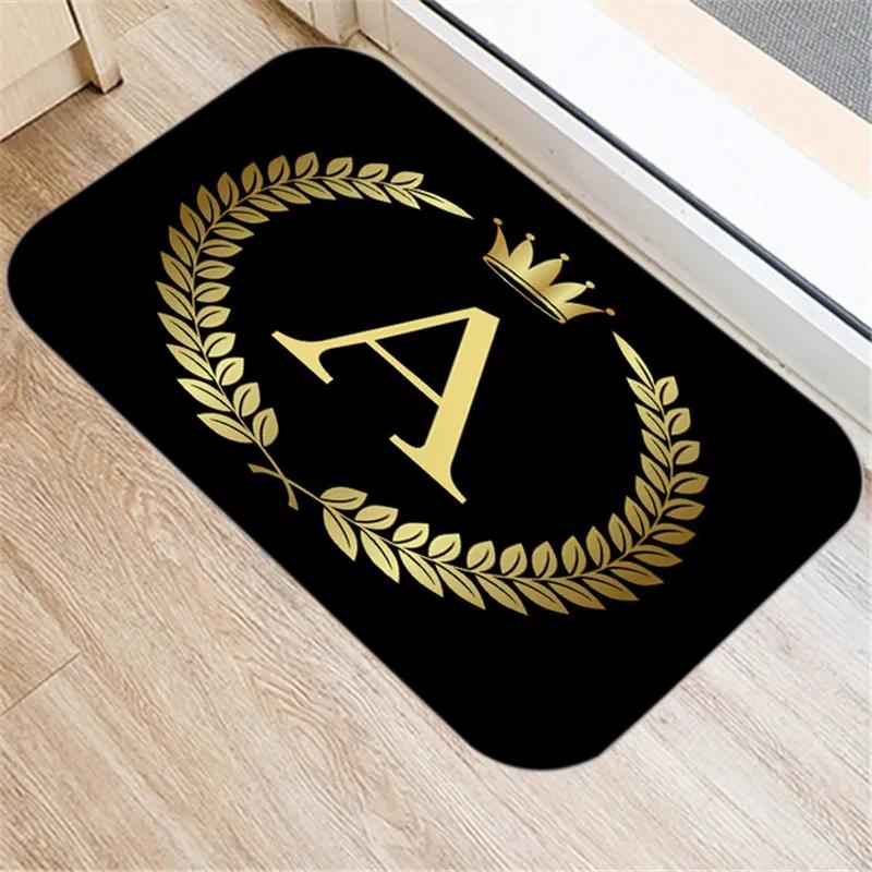 Kitchen Bathroom Non-slip Floor Mat Style Indoor Rug Black Gold Crown Letter Decoration Entrance Door
