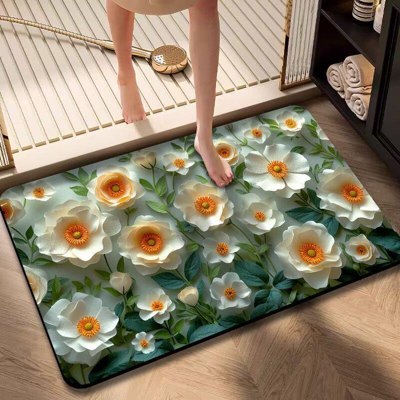 3D Floral Diatom Mud Quick-Dry Bathroom Mat - Absorbent, Soft, Non-Slip Toilet & Kitchen Carpet