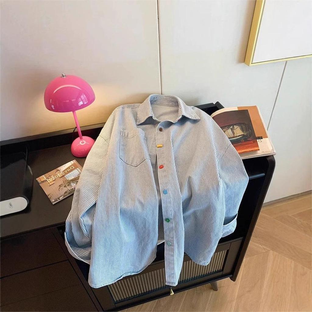 Women's Retro Color Block Striped Denim Shirt - Minimalist, Versatile, Long Sleeve Top