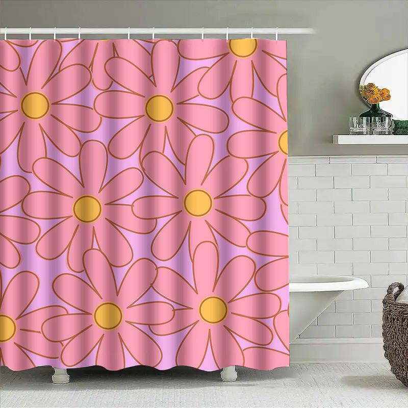 Colorful Bloom Shower Curtain Decor: Pink Daisy Flower Pattern For Bathroom Window Waterproof Fabric Home Decoration Set Include