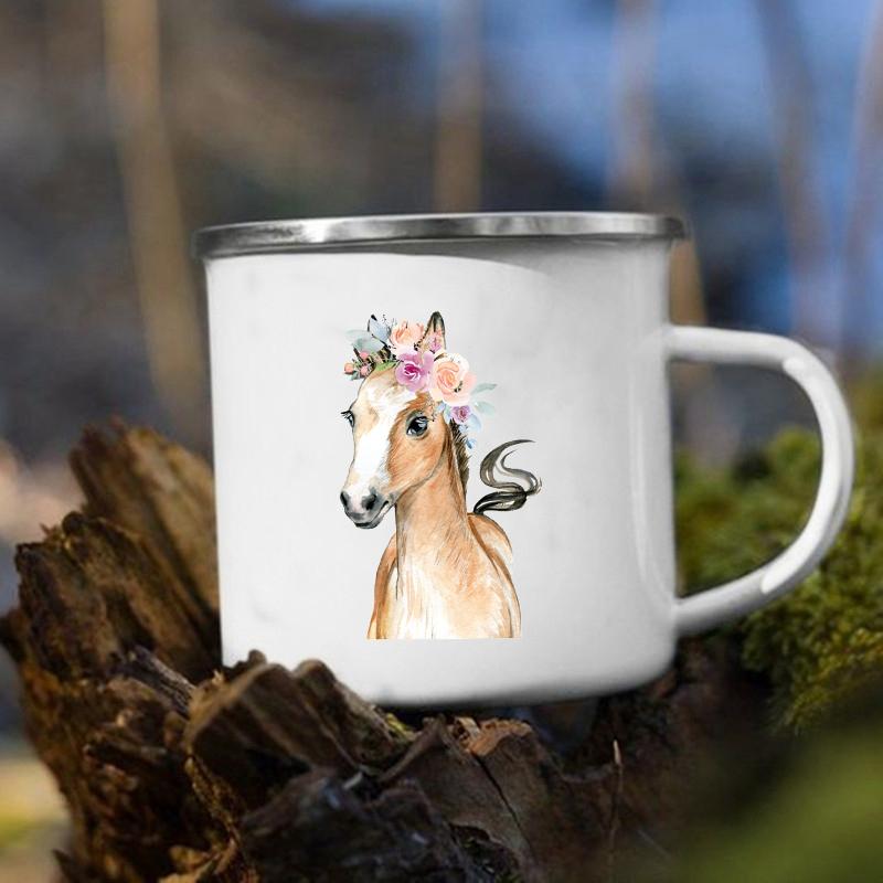 Cute Animal Horse Deer Print Mugs Creative Drink Coffee Milk Cups Kawaii Kids Animal Theme Party Juice Enamel Mug Gift for Child
