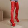 Sexy Overknee-Stiefel mit superhohen Absätzen für Damen, klobige Plateau-Stiefel mit Overknee-Absatz, Lackleder, Nachtclub-Party-Schuhe, Größe 46