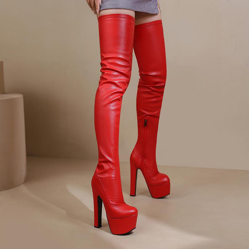 Sexy Overknee-Stiefel mit superhohen Absätzen für Damen, klobige Plateau-Stiefel mit Overknee-Absatz, Lackleder, Nachtclub-Party-Schuhe, Größe 46