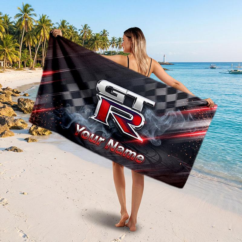 Nissan GT-R Customized Name Text Beach Towel, Soft Absorbent Towel Beach Pool Travel Personal Gift