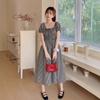 French black bubble sleeve plaid dress children's summer 2026 new small temperament slim dress