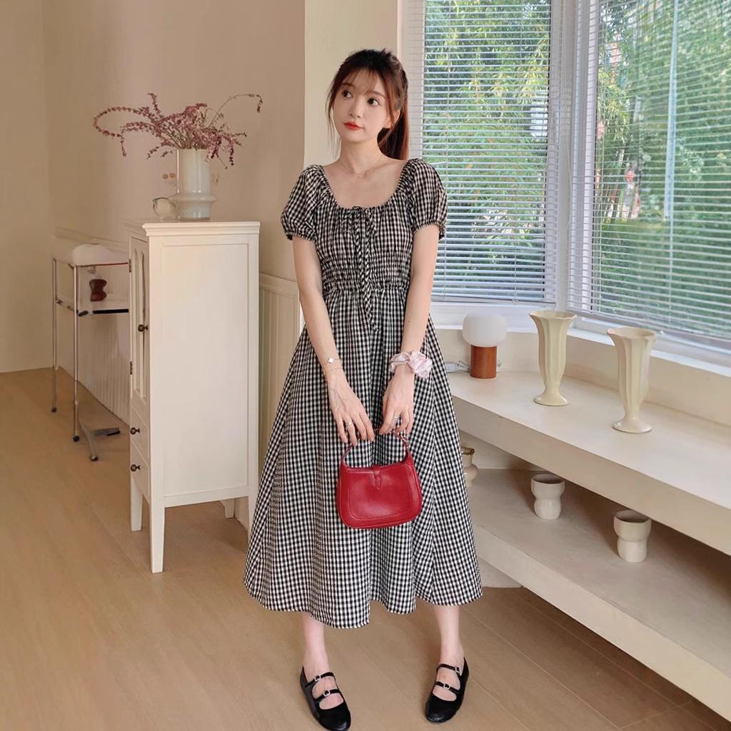 French black bubble sleeve plaid dress children's summer 2026 new small temperament slim dress
