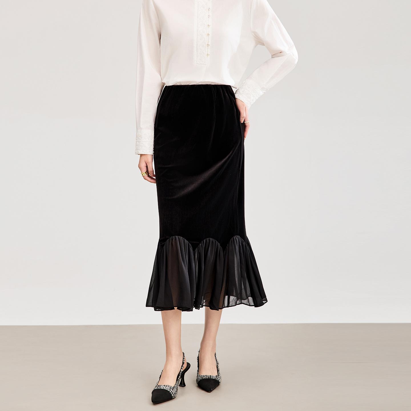 

French Romantic Lace Patchwork Velvet Elastic Waist Slimming Half Skirt for Women - Spring Style Extra Large чорний