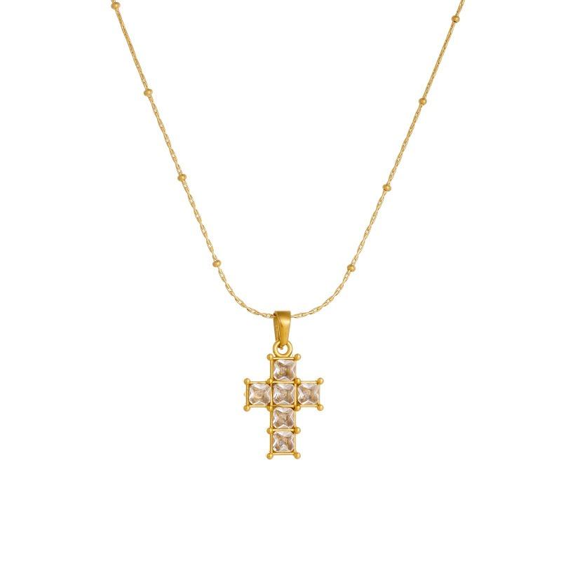 Gold Plated Stainless Steel Crystal Cross Pendant Necklace for Women