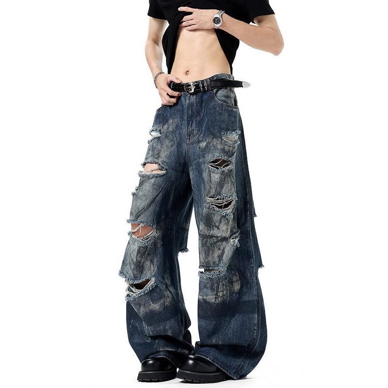 Vintage Washed Distressed Jeans Men Women American Style Wide Leg Trousers Casual Streetwear