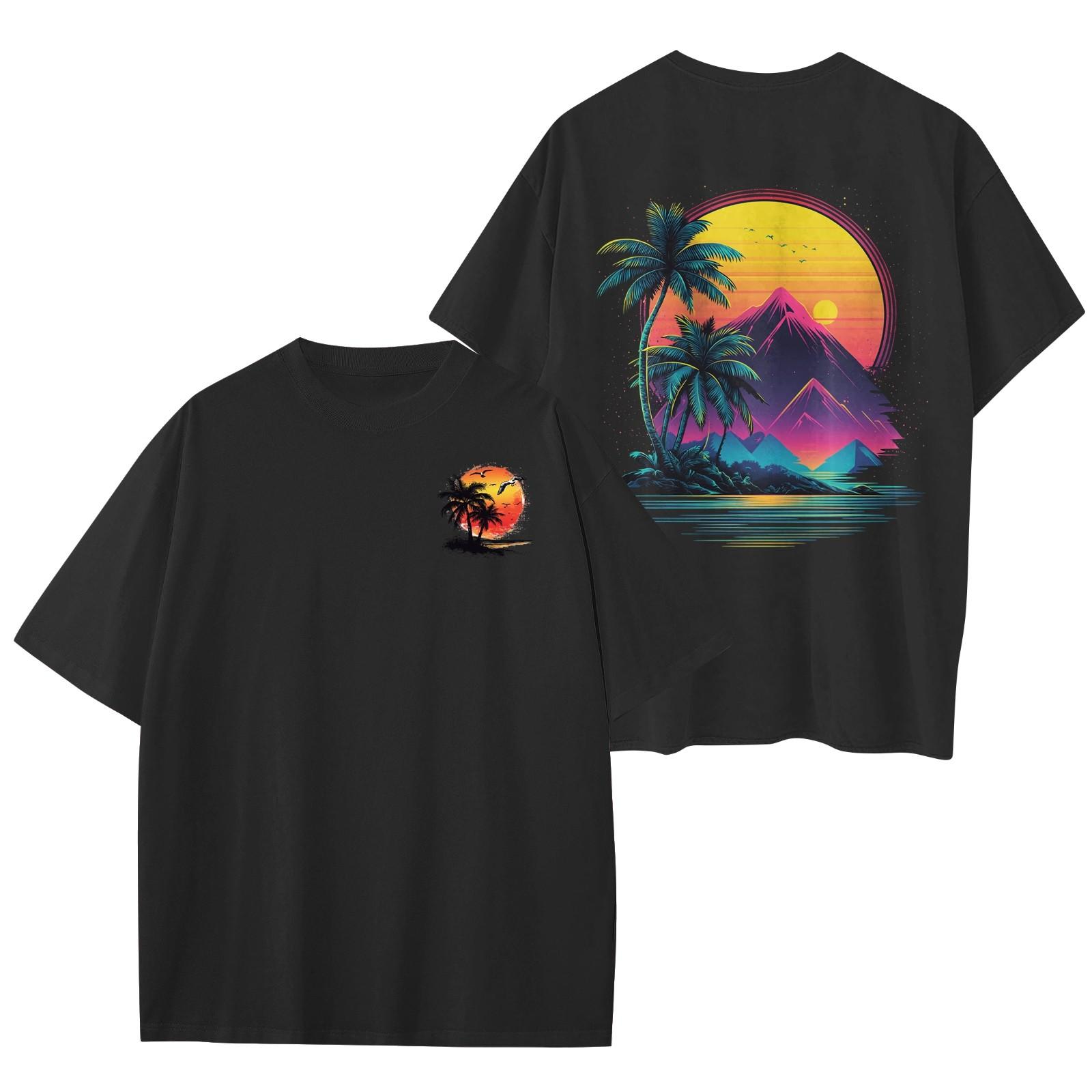 

Женский круглый вырез модный свободный гавайский принт короткие рукава XXL чёрный