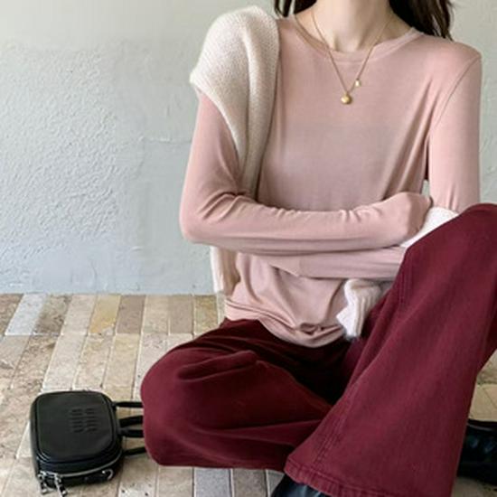 2026 Spring Women's Slim Fit Round Neck Color Block Long Sleeve Fake Two-Piece Layered T-shirt