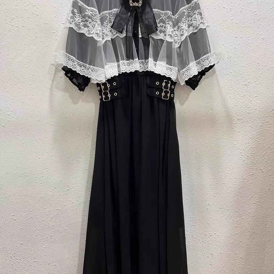 Japanese Dress Short Sleeve Women's Cape Mesh Big Bow Lace Temperament Splicing Long Dress