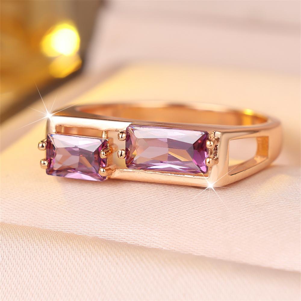 Purple Crystal Zircon Rectangle Stone Rings For Women Vintage Gold Color Engagement Bands Wedding Jewelry Accessories