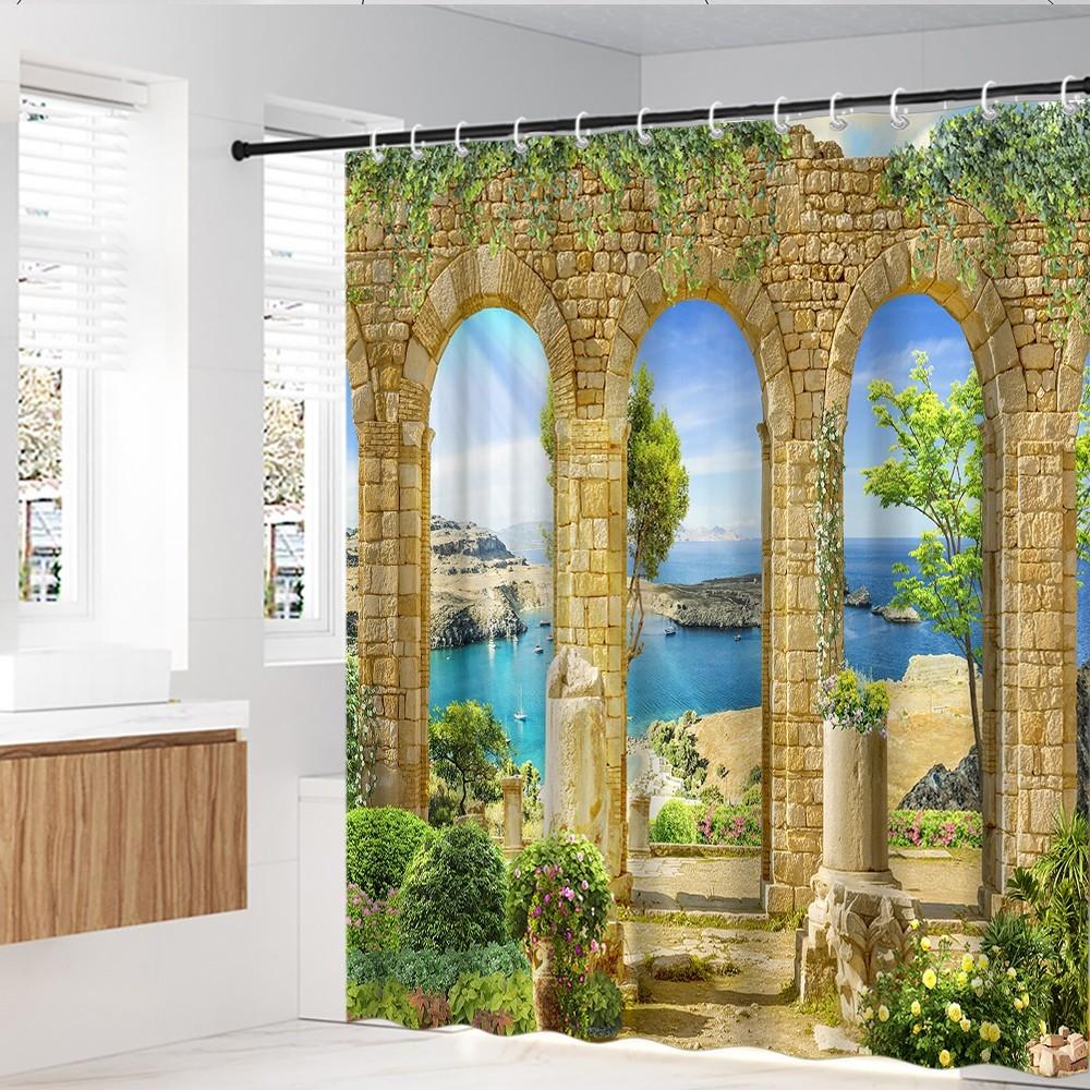 

Ancient Stone Archway Shower Curtain Mediterranean Sea View Green Vines And Blue Water Scenic Landscape Decor Waterproof W60H190(CM)-1 Pcs
