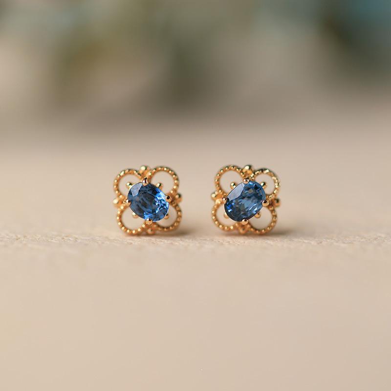 18K Gold-Plated S925 Sterling Silver Stud Earrings with Blue Zirconia – Retro Cool-Toned Stained Glass Design. 18K Gold with Earplugs