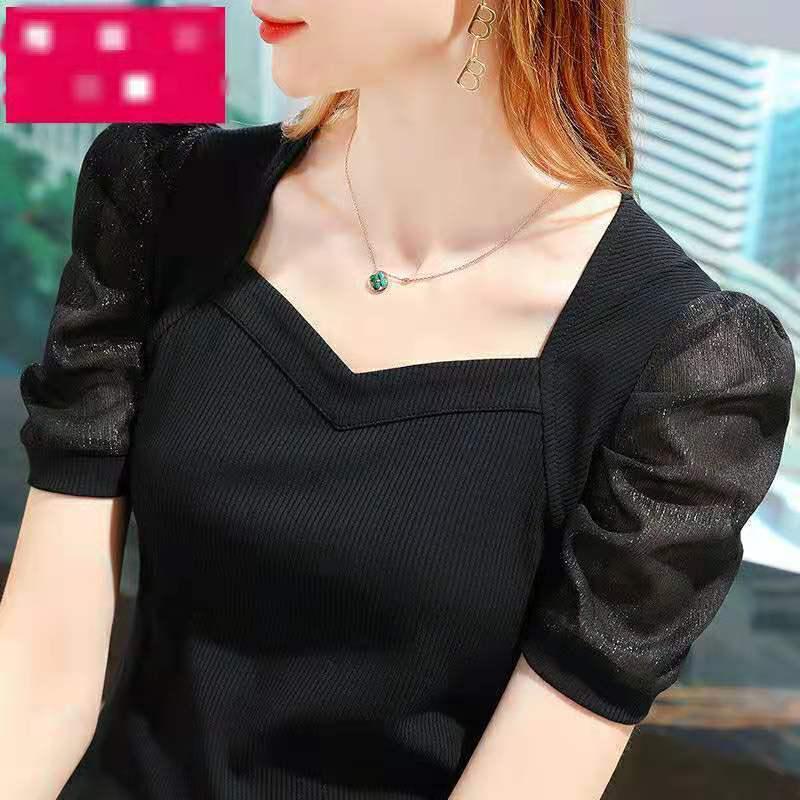 

Ice Silk Women s Puff Sleeve T-Shirt - 2021 French Court Style Summer Top 2XL чорний