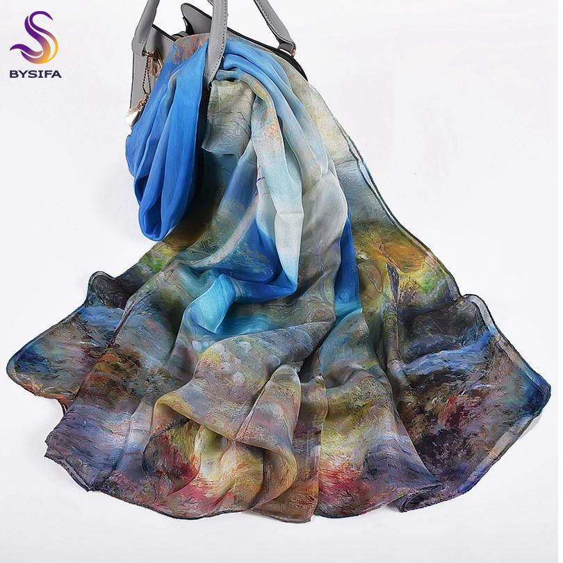 

BYSIFA|Blue 100% Silk Chiffon Scarf Shawl New Spring Autumn Shepherd Design Women Long Scarves Summer Beach Shawl Winter Scarves