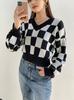 American Style Plaid V-neck Knit Top - Women's Loose Fit Pullover Sweater for Autumn/Winter