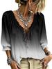 Women's long-sleeved top with gradient color, front tie frills, V-neck bow, three-quarter sleeves. Multi-scenario casual wear item.