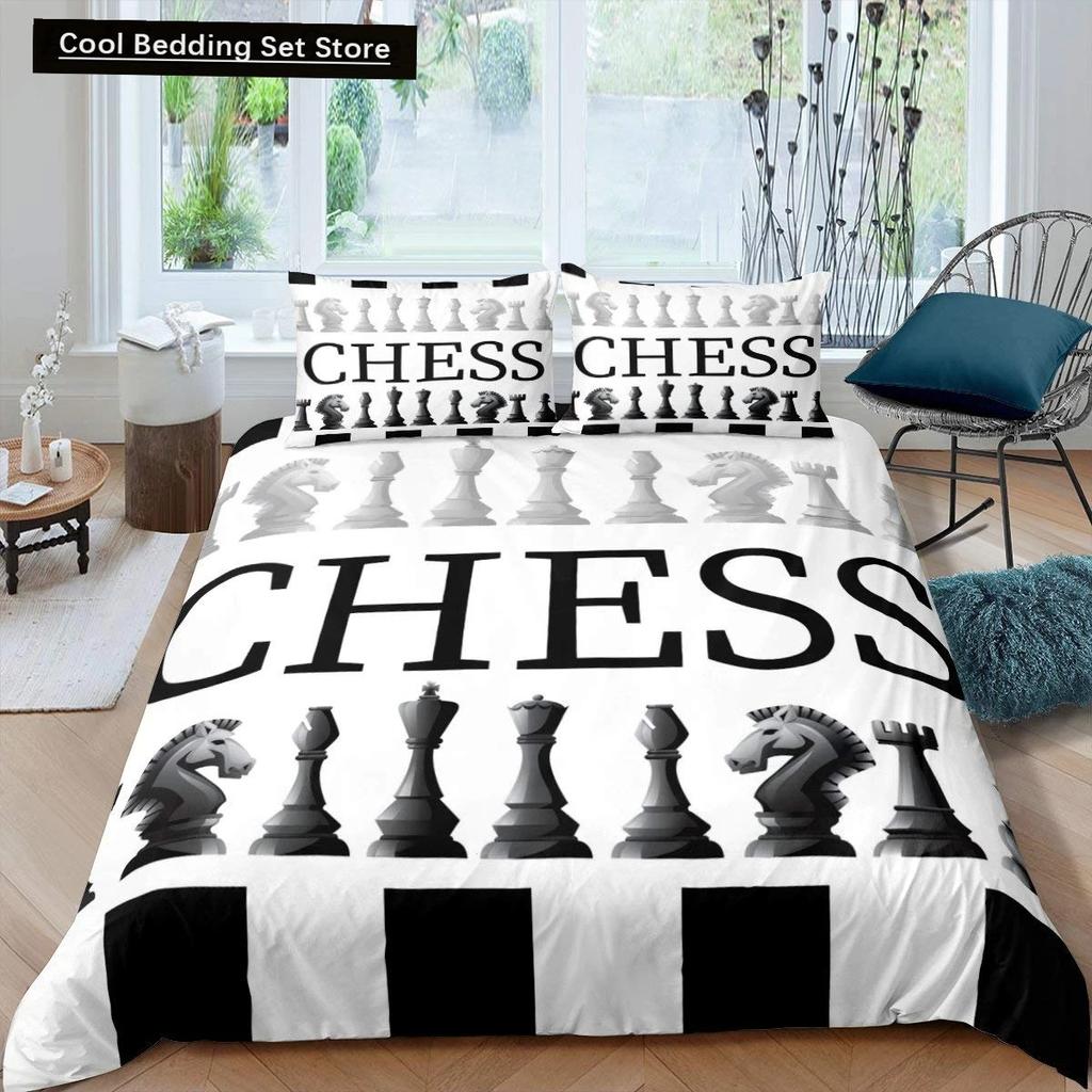 International Chess King Queen Duvet Cover Chess Board Bedding Set Black White Grid Quilt Cover Plaid Polyester Comforter Cover