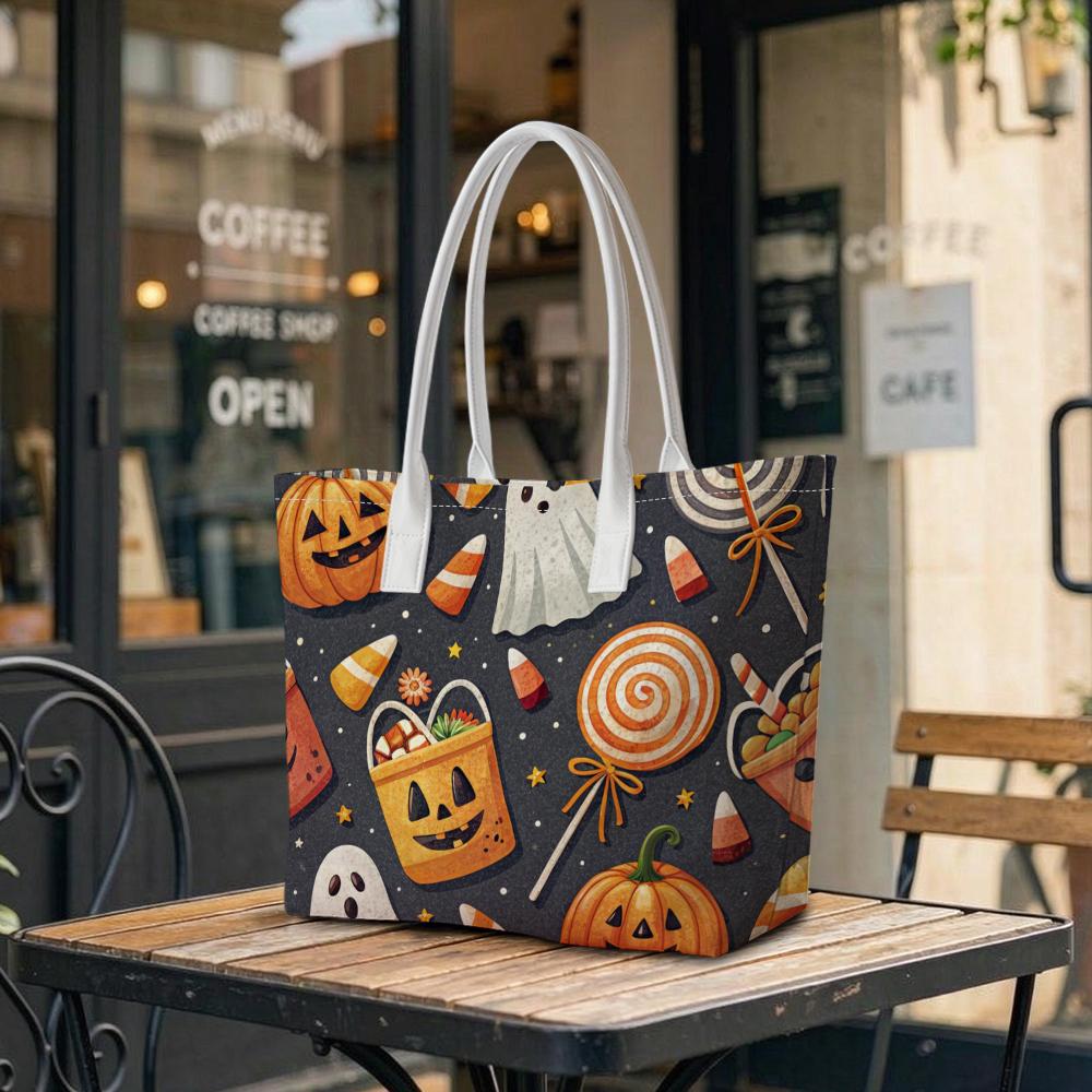 Halloween Themed Fashion Tote Bag Portable Daily Use Cute Pumpkin Ghost Printed Casual Shoulder Handbag