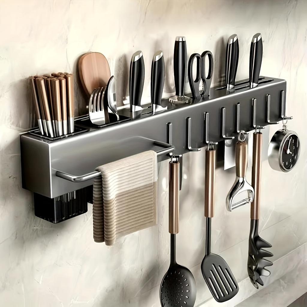 Stainless steel wall mounted tool holder without drilling, multifunctional kitchen storage rack with integrated chopstick cage.