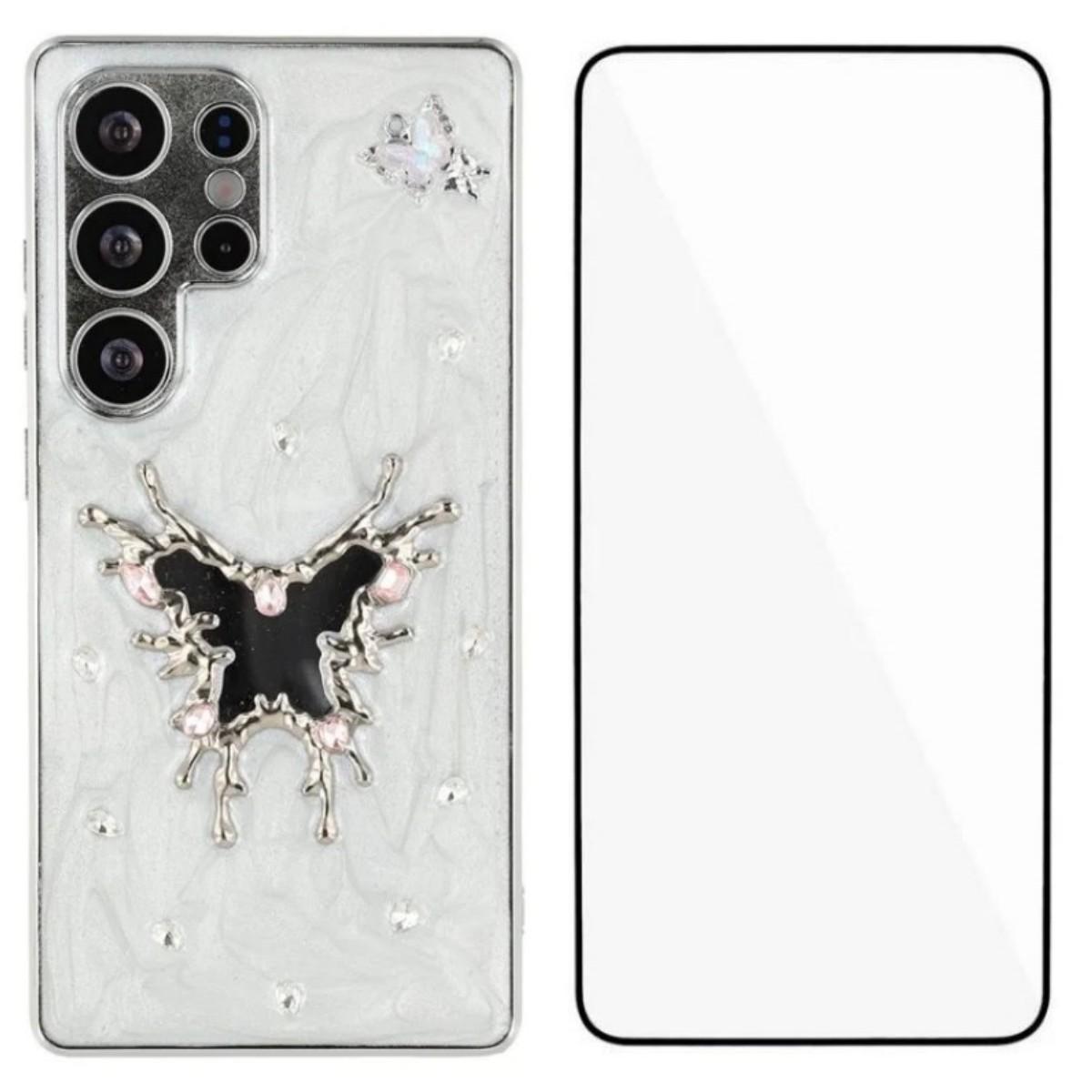 

Чехол для Samsung Galaxy S24 Ultra WANLONFENG Гальванизированный Эпоксидный ТПУ+Акриловый Чехол для Телефона с Закаленным Стеклом Big Butterfly