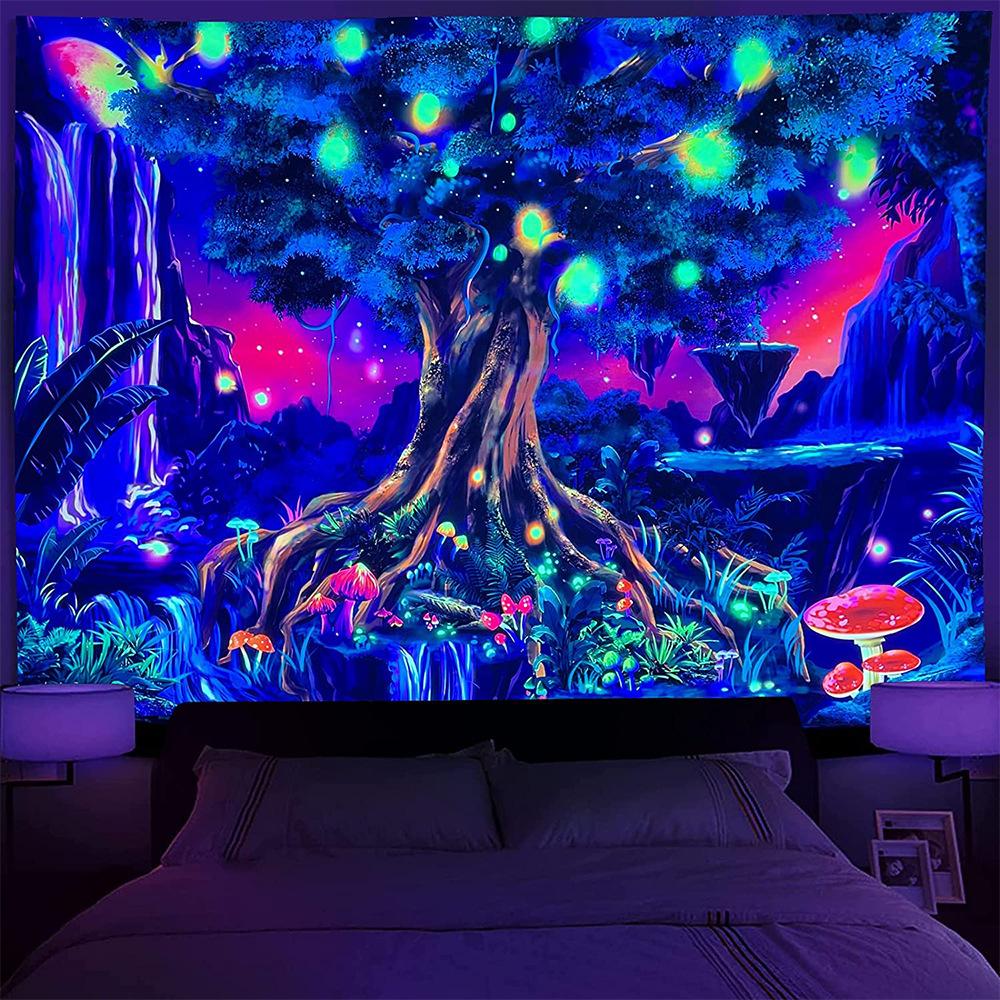 Fluorescent Tapestry UV Night Light Skeleton Lover Tree of Life Fluorescent Tapestry Home Room Hanging Cloth Tapestry