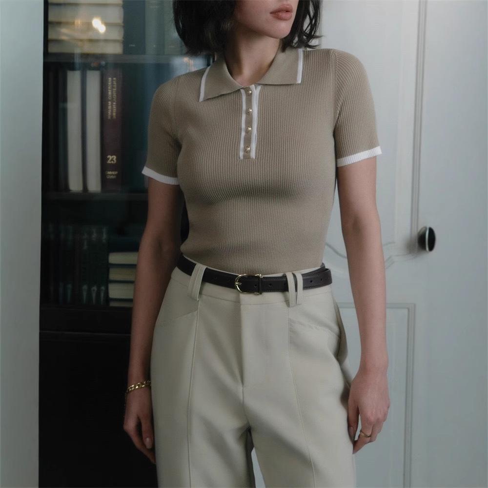 Knitted Pullover Short-sleeved Patchwork Top Elegant Slim-fit Contrast Color Lapel Pullover Top