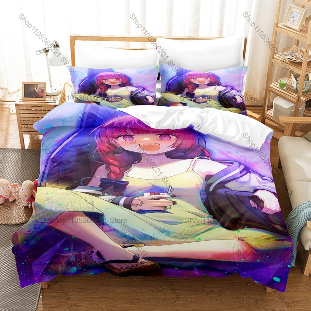 Bocchi The Rock Anime Kikuri Hiroi SICK HACK Band Purple Braided Hair Sake Lover Bedding Set Duvet Cover + 2 Pillowcases Anime