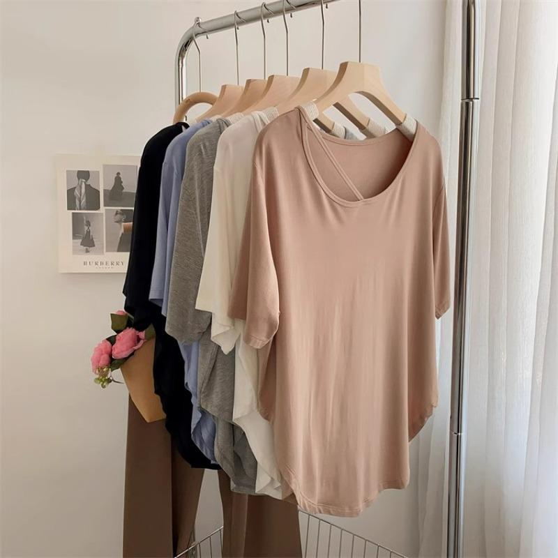 Summer New Irregular Short Sleeved Plus Size T-shirt for Women Fashion Elegant Round Neck Casual T Shirt Female Solid Simple Loose Lady Tee Tops 24287