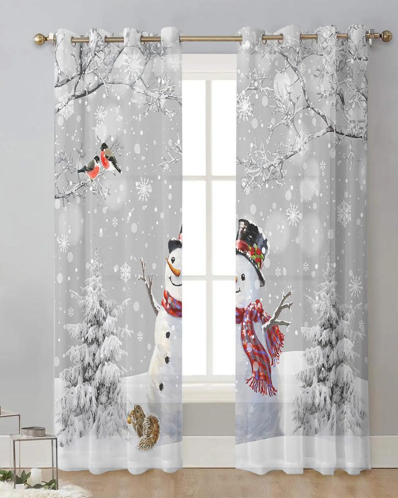 Christmas Tree Snowman Snowflake Grey Sheer Curtains for Living Room Decoration Window Curtains Kitchen Tulle Voile Curtains