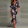 Women's Sexy Deep V Neck Ruffles Maxi Dress Spring Summer Flare Sleeve Satin Elegant Floral Print Mermaid Party Dress