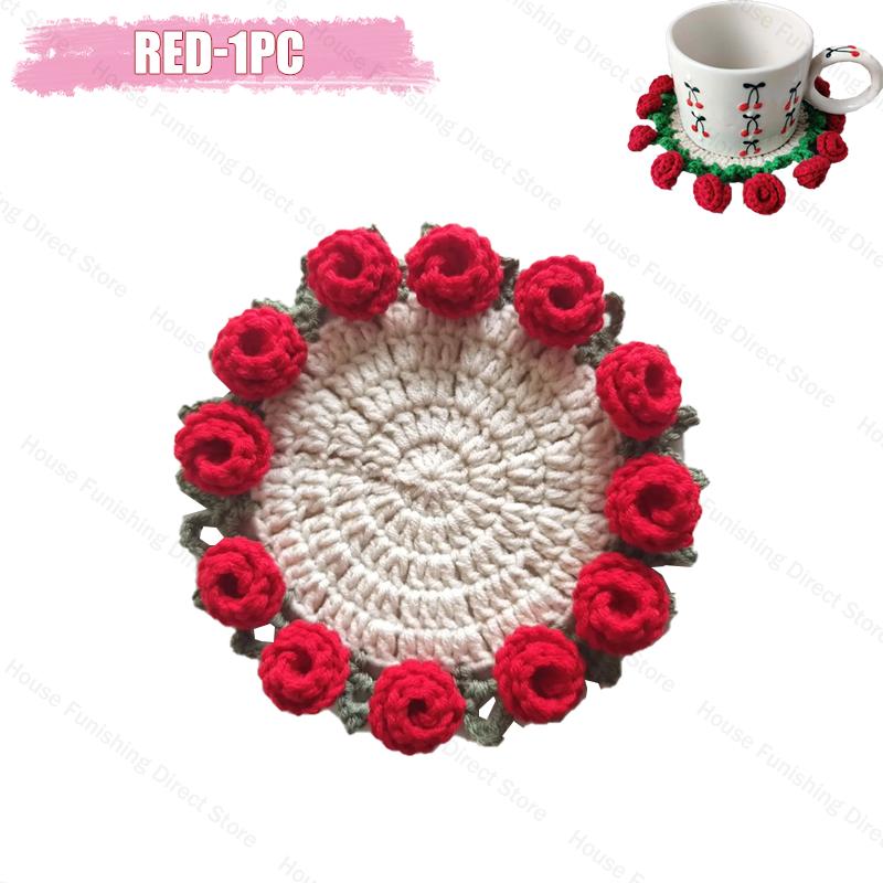 Handmade Crochet Rose Flower Valentine's Day Coaster Heat Resistant Kitchen Table Mat Romantic Home Decor Gift for Wedding Anniv