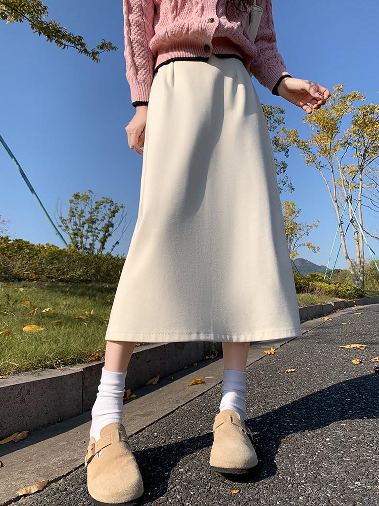 Woolen A-Line Umbrella Skirt for Women – Autumn/Winter 2025, Pear-Shaped Merade Color, Elegant Long Half Skirt