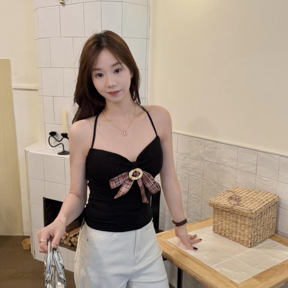 #Autumn New Sweet Polished Bow Decorative Thermal Vest Slim and Thin Women's Fixed Belt Chest Pad