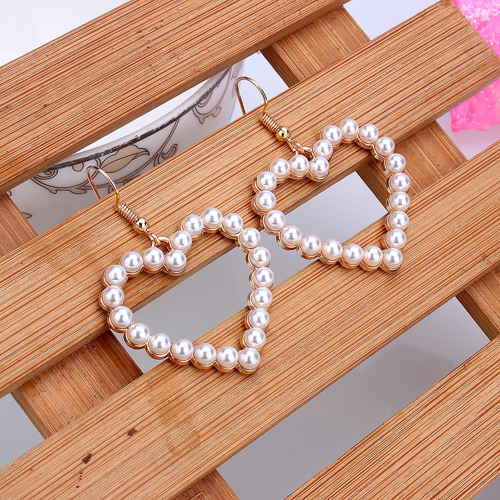 Love Heart Statement Earrings Alloy Faux Pearl Dangle Chain Hook Ear Drop Jewelry Gift for Women