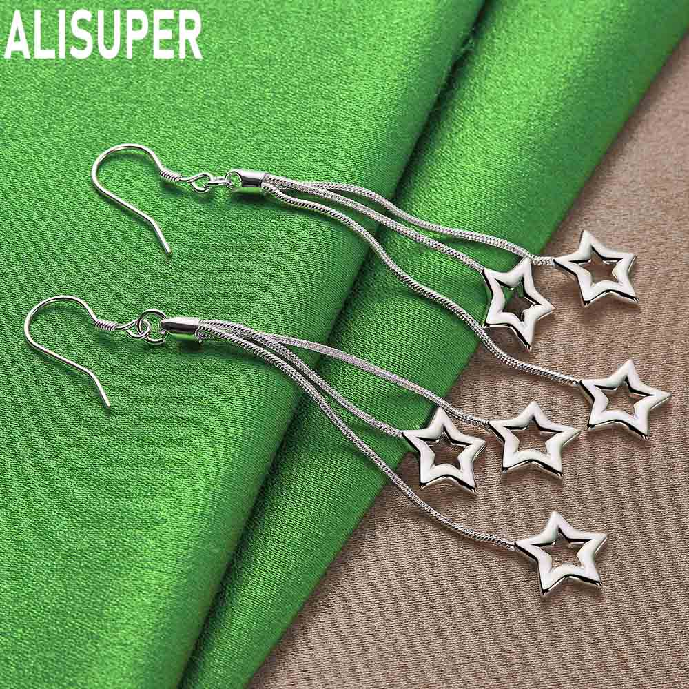 925 Sterling Silver Three Snake Chain Star Shaped Perforated Earrings Fashion Charm Wedding Jewelry