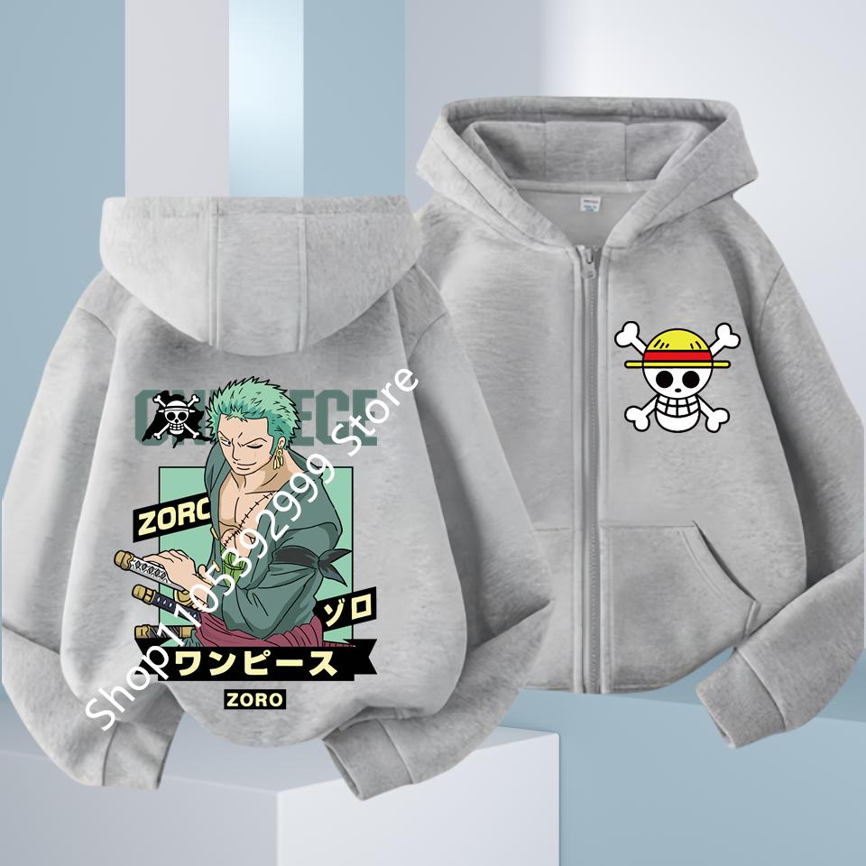 2026 Neue Kinder Anime One Piece Luffy Reißverschluss Kapuzenpullover Jacke 3-12 Jahre Lässig Langarm Sweatshirt Herbst 130 gray