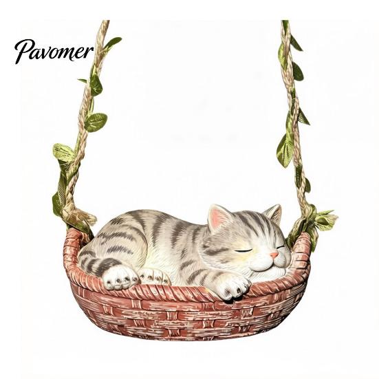 Sleeping Kitten Hanging Ornament Basket Cat Statue, Cute Figurine, Whimsical Garden Decor Resin for Outdoor Patio Porch Decoration Animal Sculpture