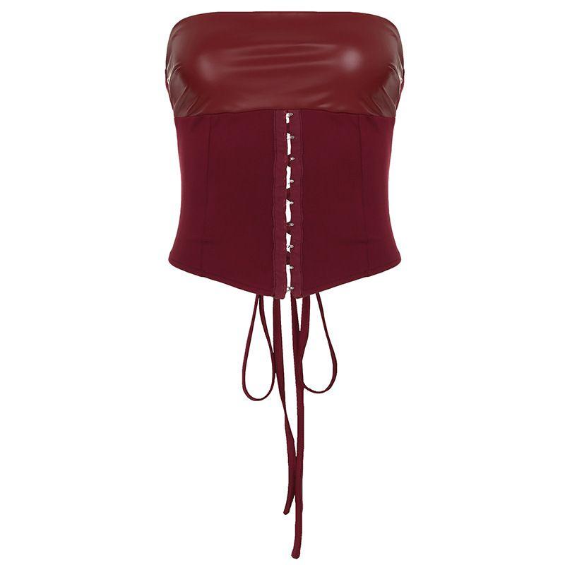 

European and American New Women Retro Palace Style Plastic Waist Strap Tube Top Top Leather Hollow Waist Hanging Sheath Skirt Set Wine Red Tube Top M