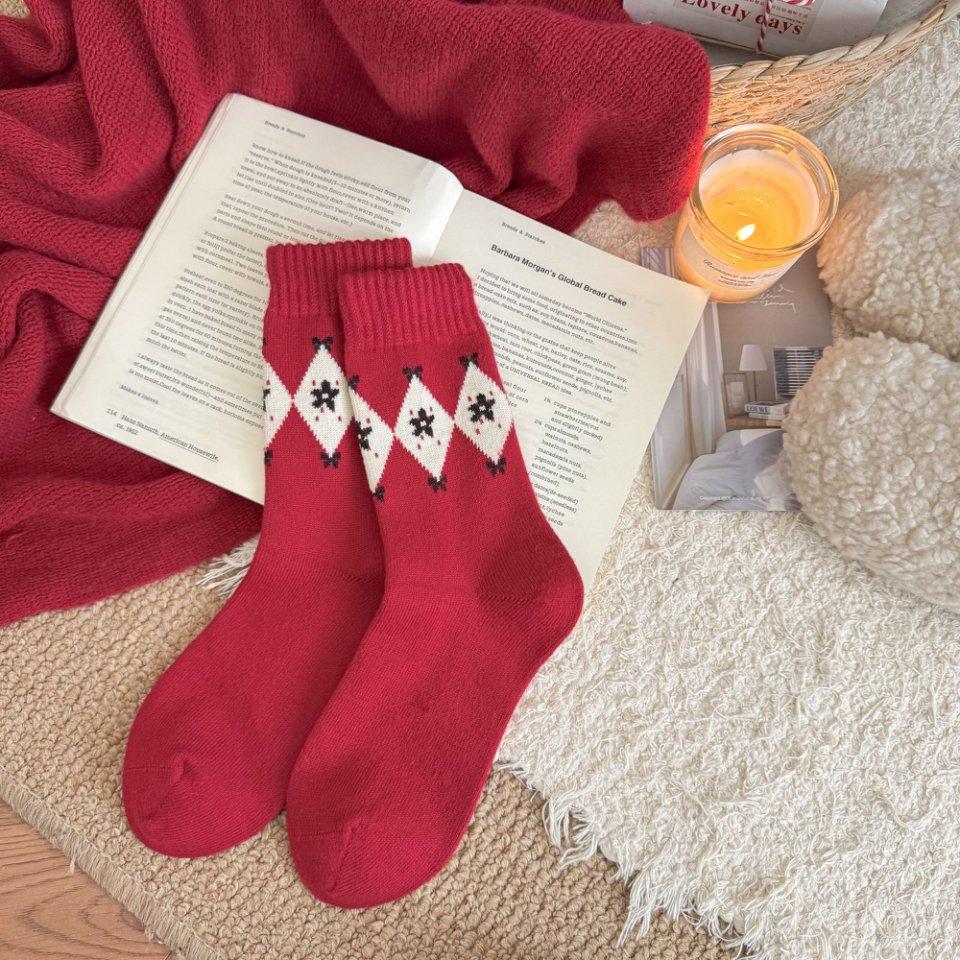 Wool Socks - Children's Autumn and Winter Red Thick and Warm Sleeping Socks, New Year Floor Stockings