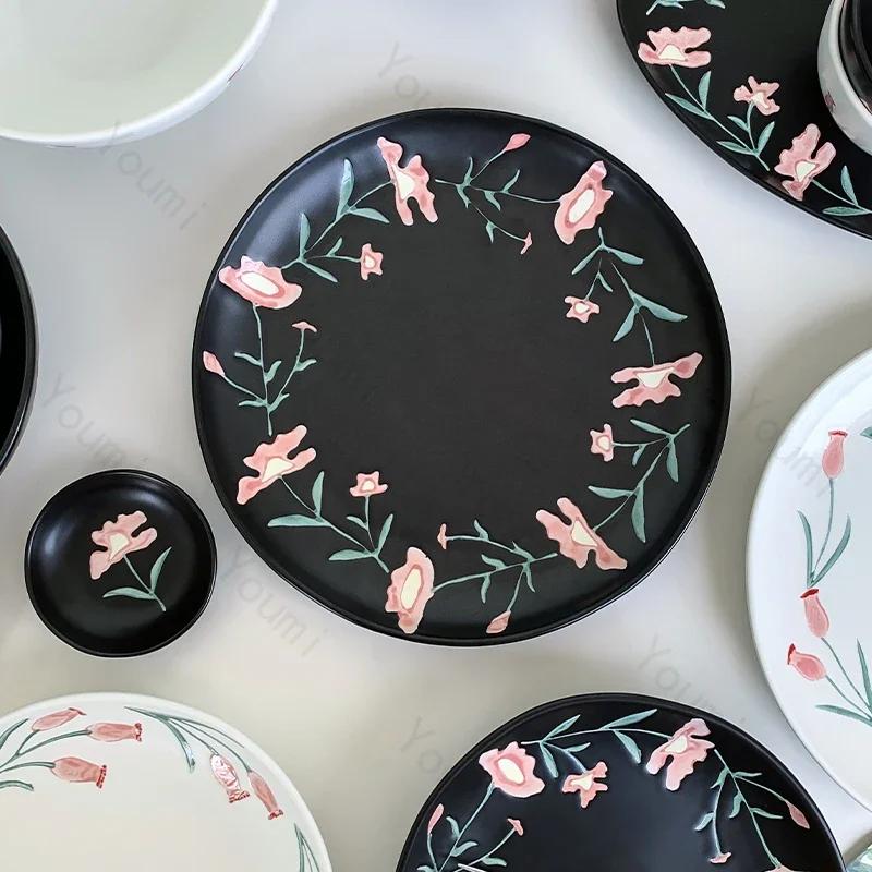 Retro Blumen Schwarz Weiß Keramik Teller High-End-Restaurant Köstliche Steak Platte Exquisite Home Reis Schalen Einzigartige Geschirr