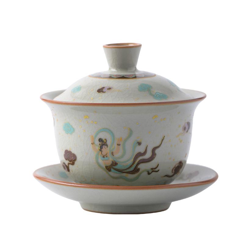 Dunhuang Ru Kiln Crackle Pattern Tea Bowl with Lid - High-End Kung Fu Tea Set, Large Brewer.