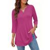 Women's Casual V Neck 3/4 Sleeve Pullover Tunic Top Mid Length Solid Color Comfortable Fit Lightweight Fabric