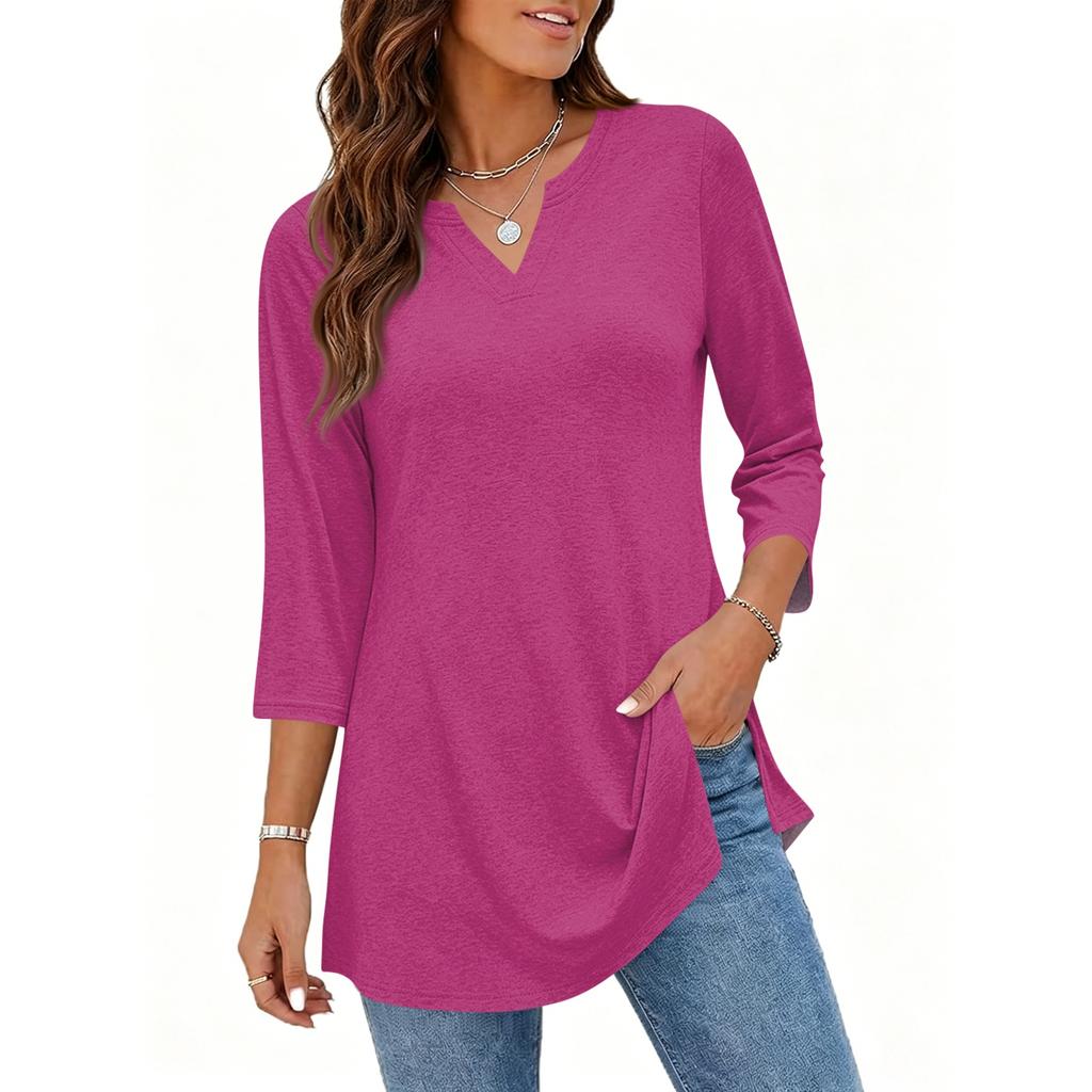 Women's Casual V Neck 3/4 Sleeve Pullover Tunic Top Mid Length Solid Color Comfortable Fit Lightweight Fabric